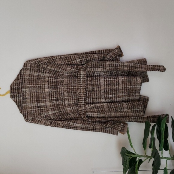 Betsey Johnson wool blend neutral boucle plaid midi double breasted coat w/ tie - Picture 11 of 12